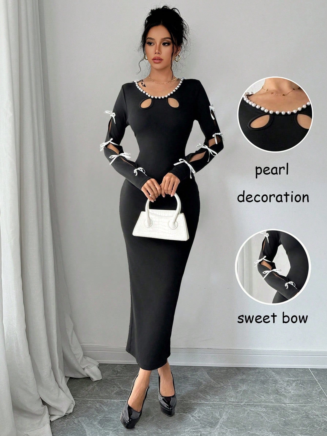 Cut With Pearls And Bow Dress_Black