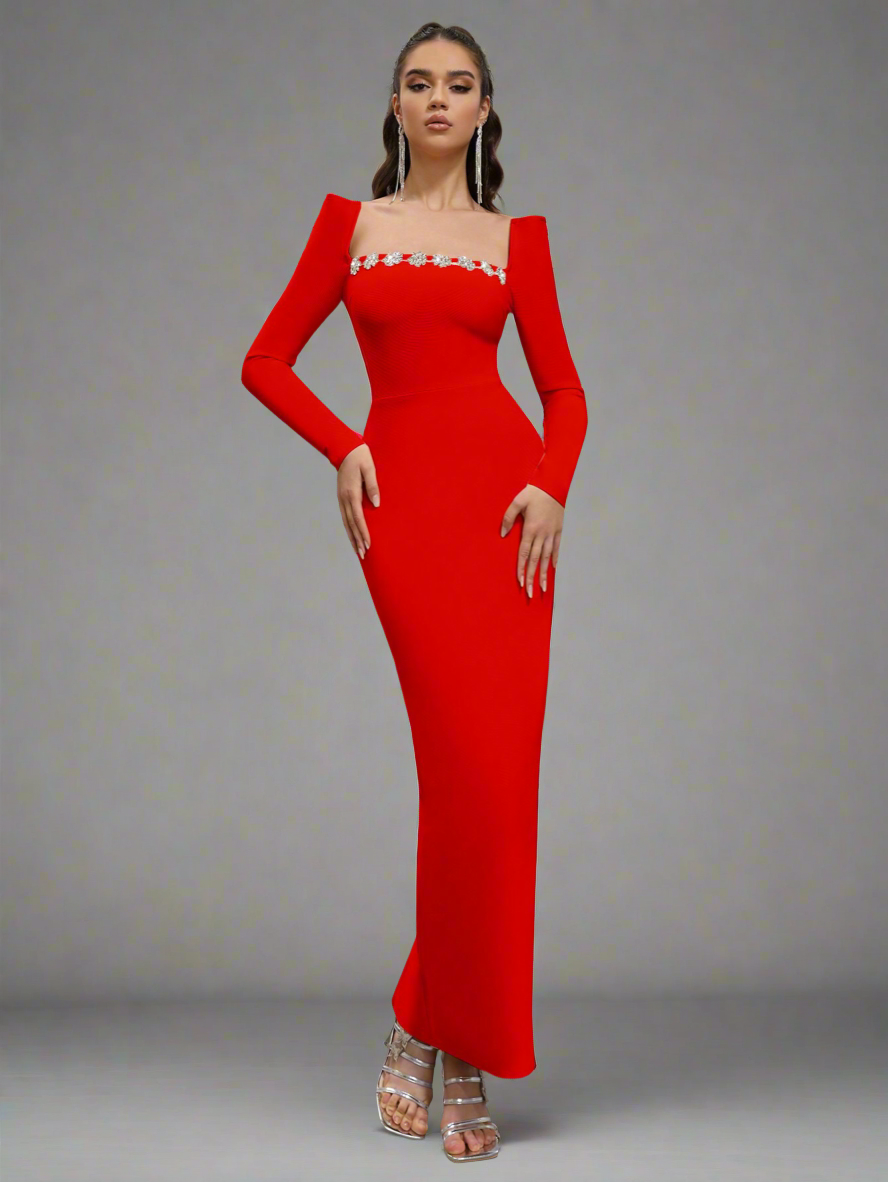 Crystal Embellish  Neck Dress_Red