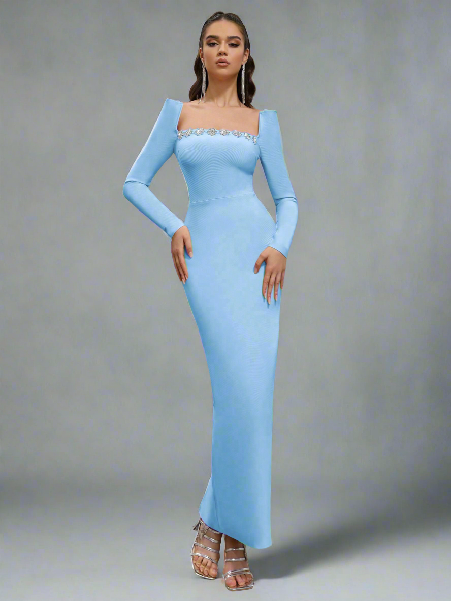 Crystal Embellish  Neck Dress_Sky Blue