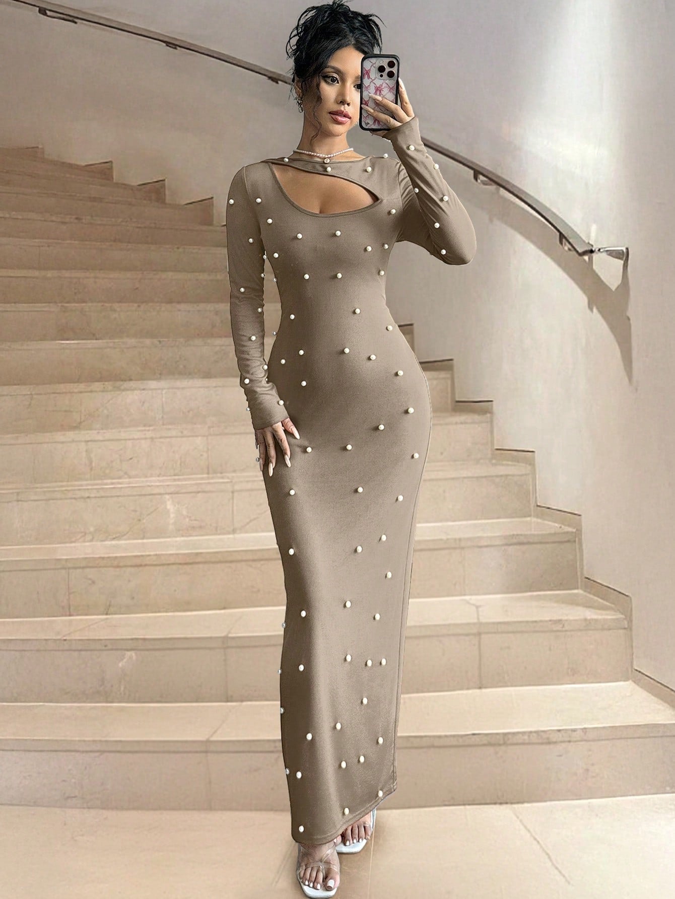 Cut Neck With Pearls Dress_Grey