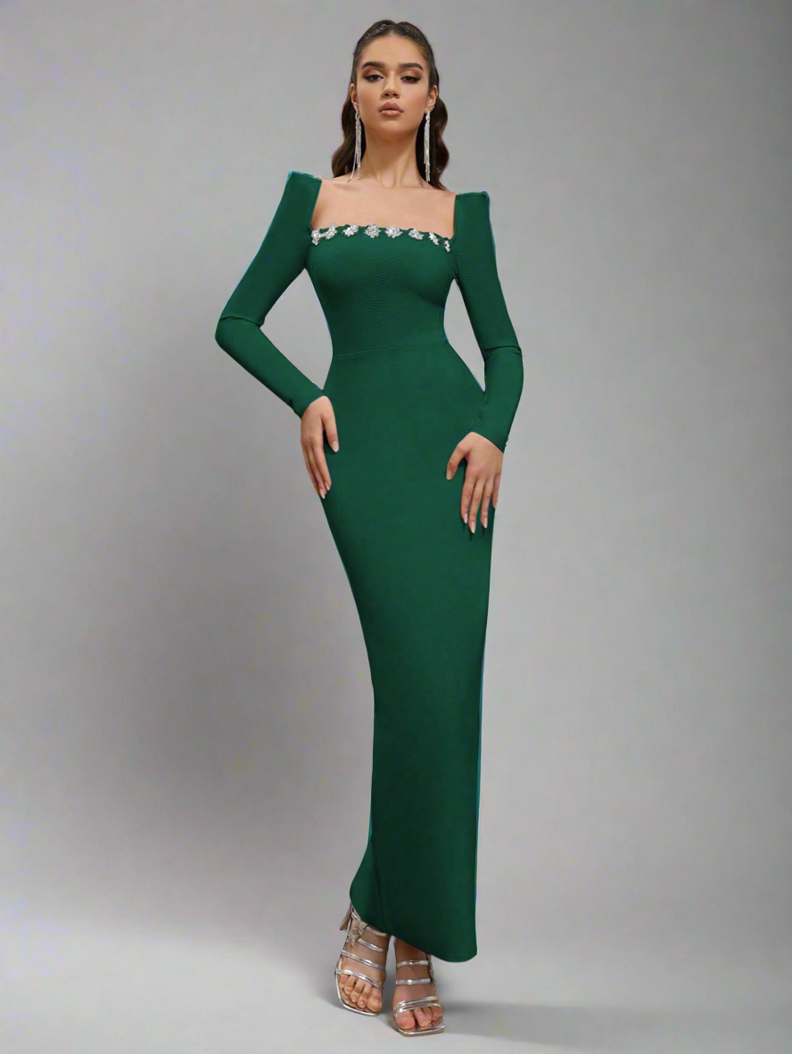 Crystal Embellish  Neck Dress_Green