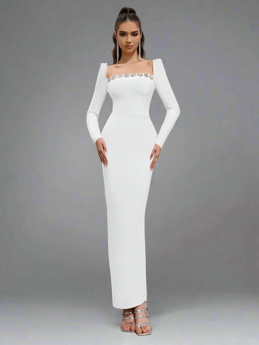 Crystal Embellish  Neck Dress_White