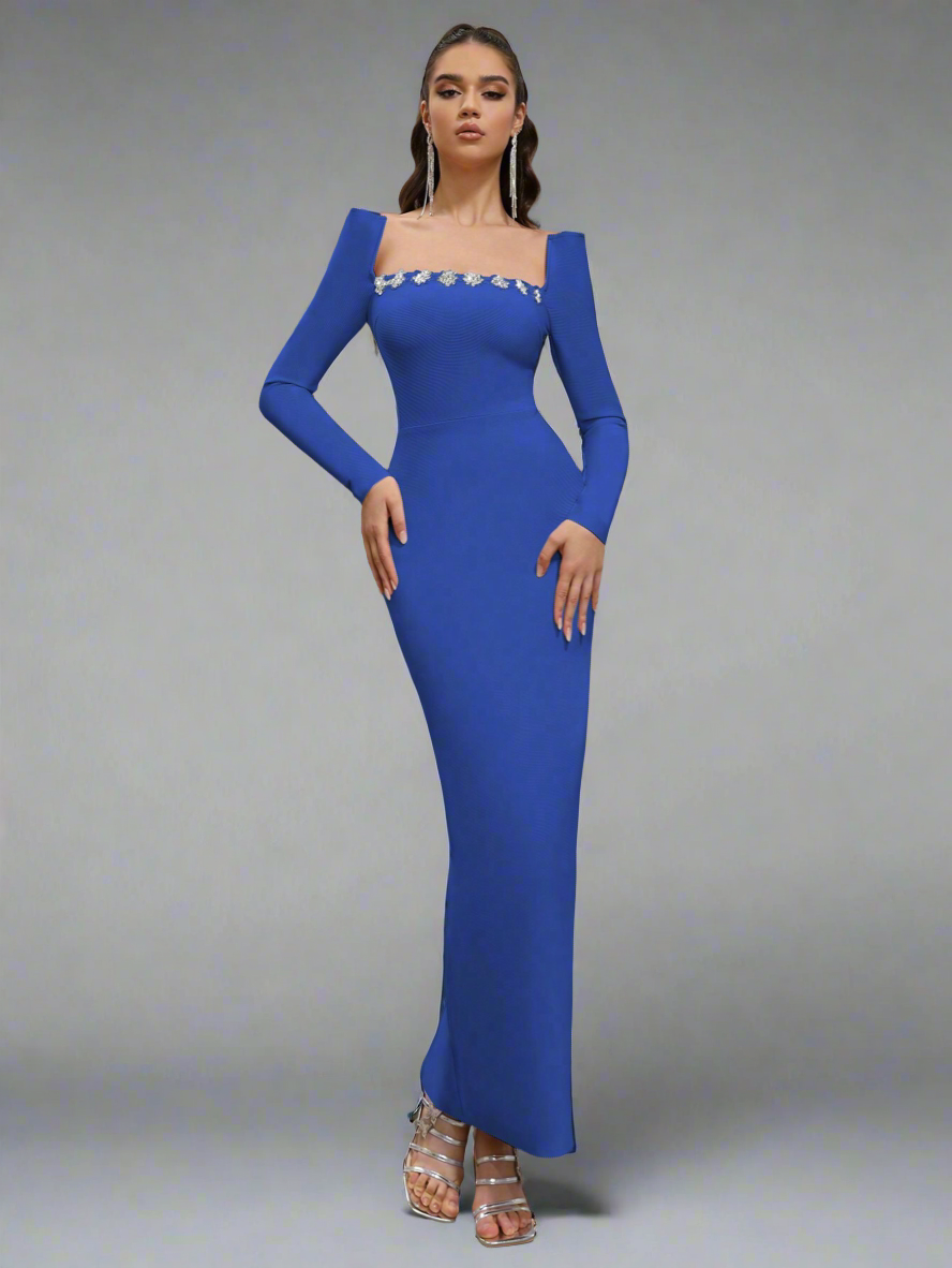 Crystal Embellish  Neck Dress_Royal Blue