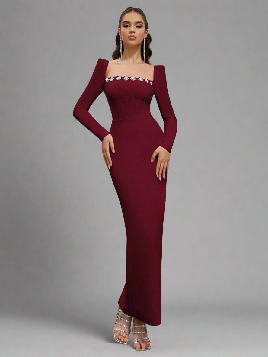 Crystal Embellish  Neck Dress_Maroon