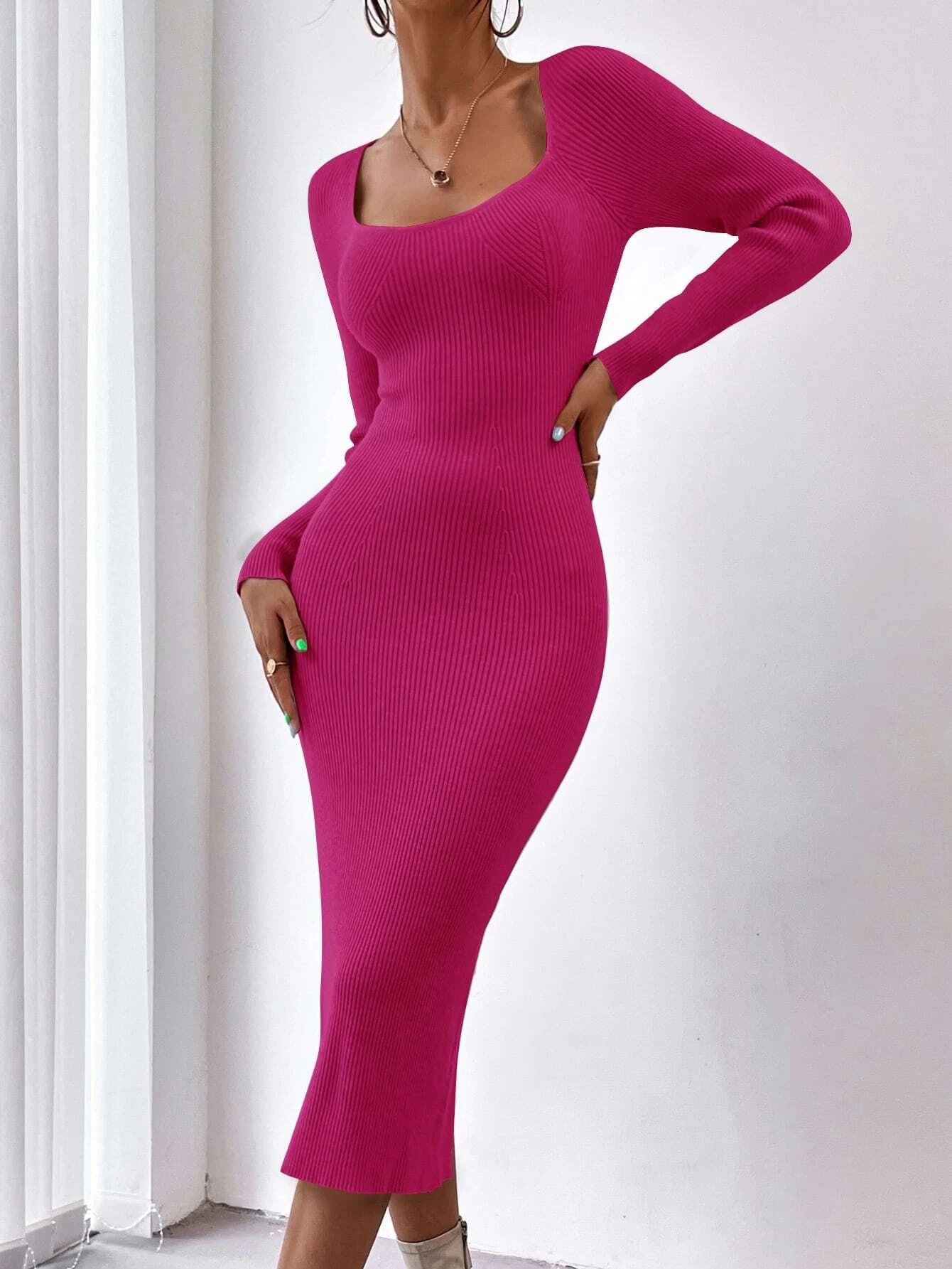Square Neck Raglan Sleeve Slit Back Dress_Hot Pink