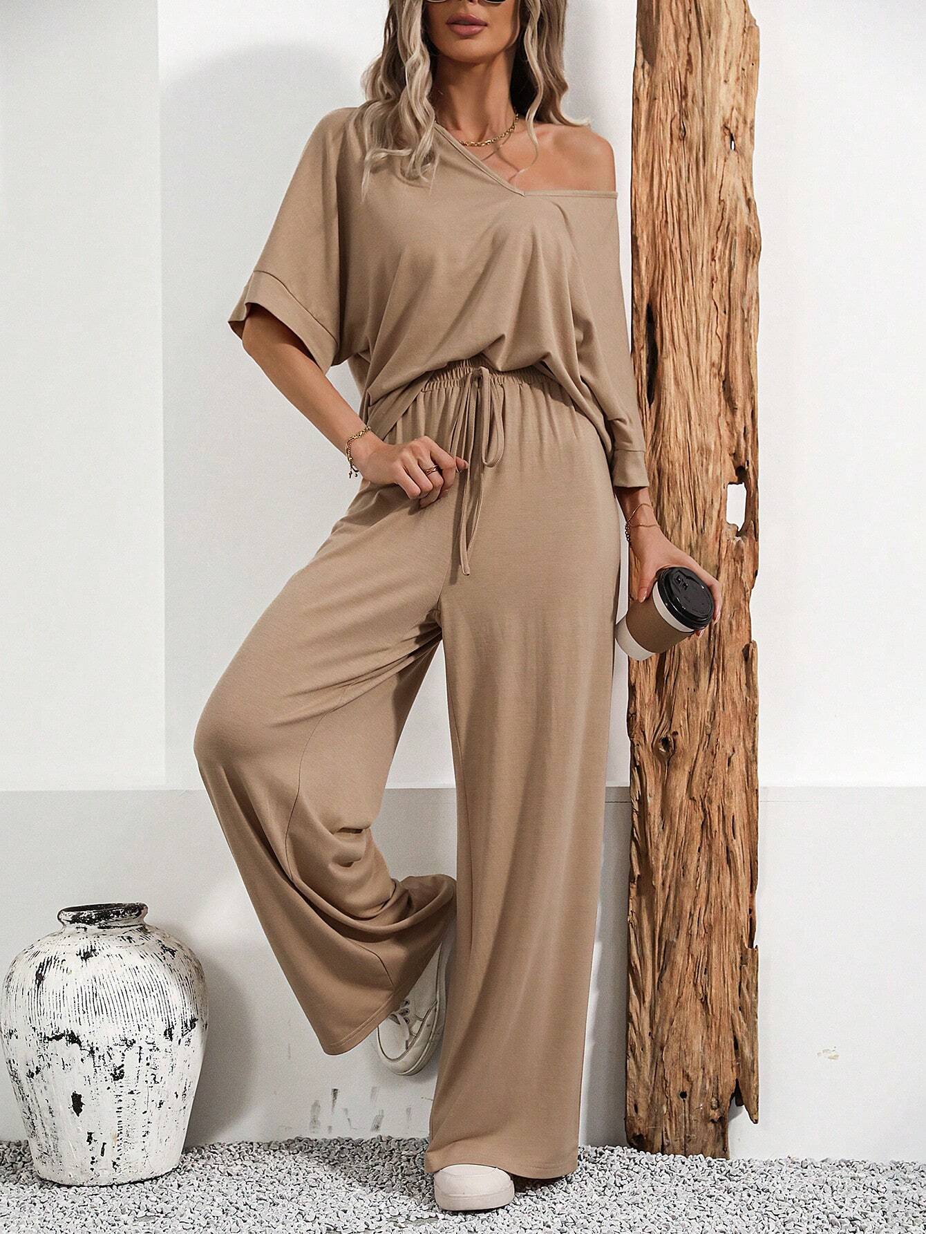 V neck Solid color summer Tracksuit_Skin