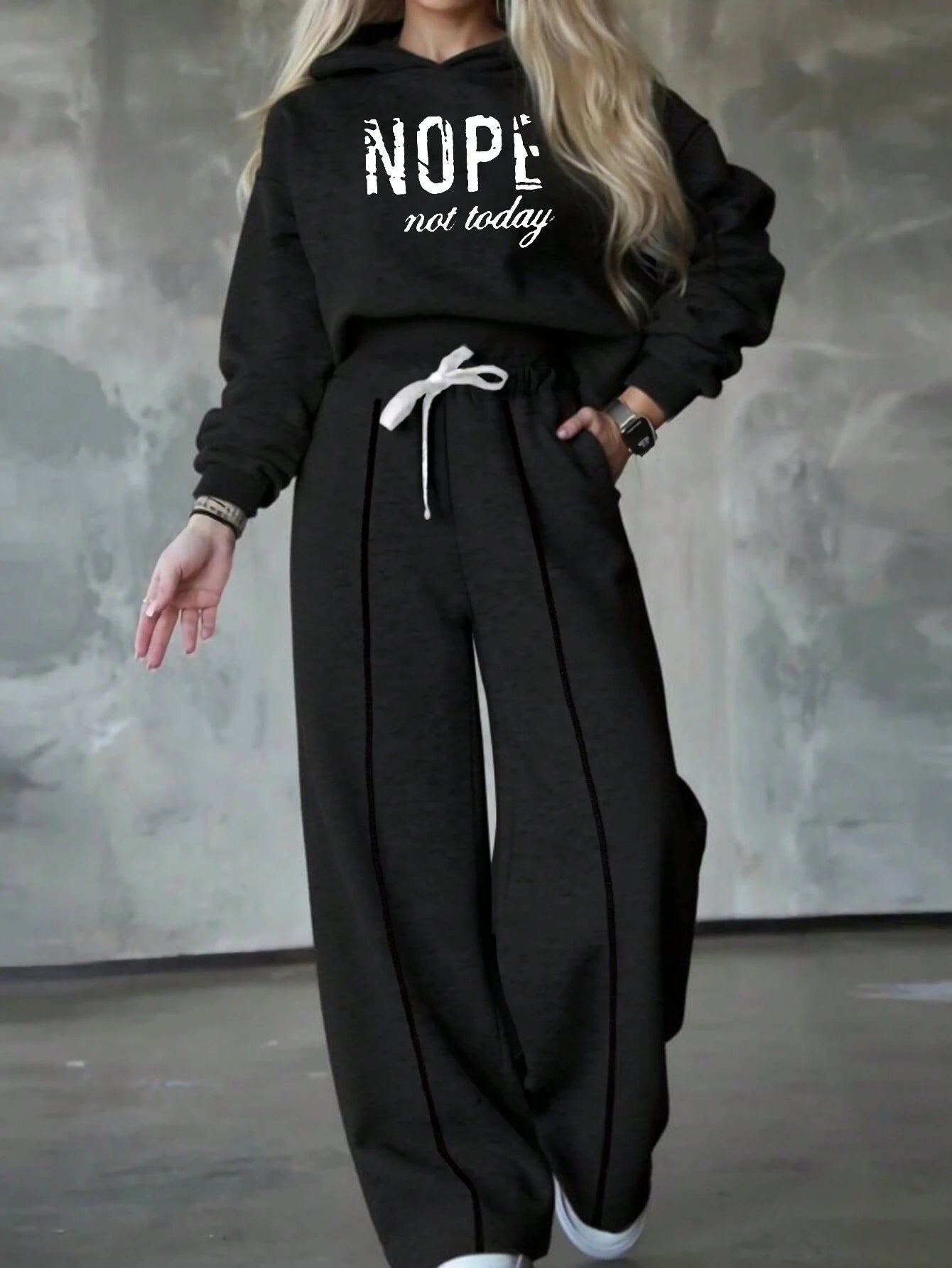 Nope Hoddie & Flare Leg Pants-Black