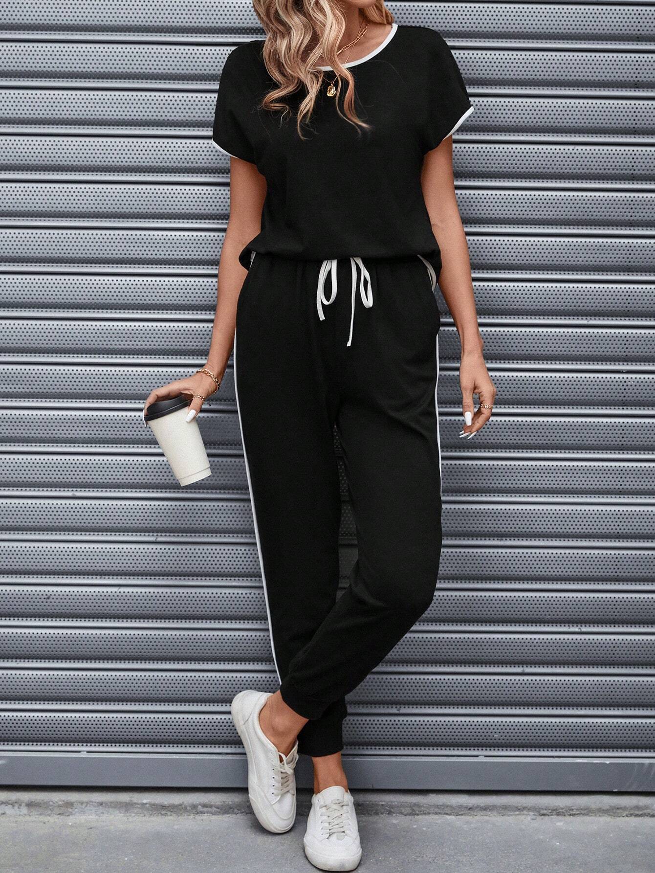 Solid color with Tape summer Tracksuit_ Black