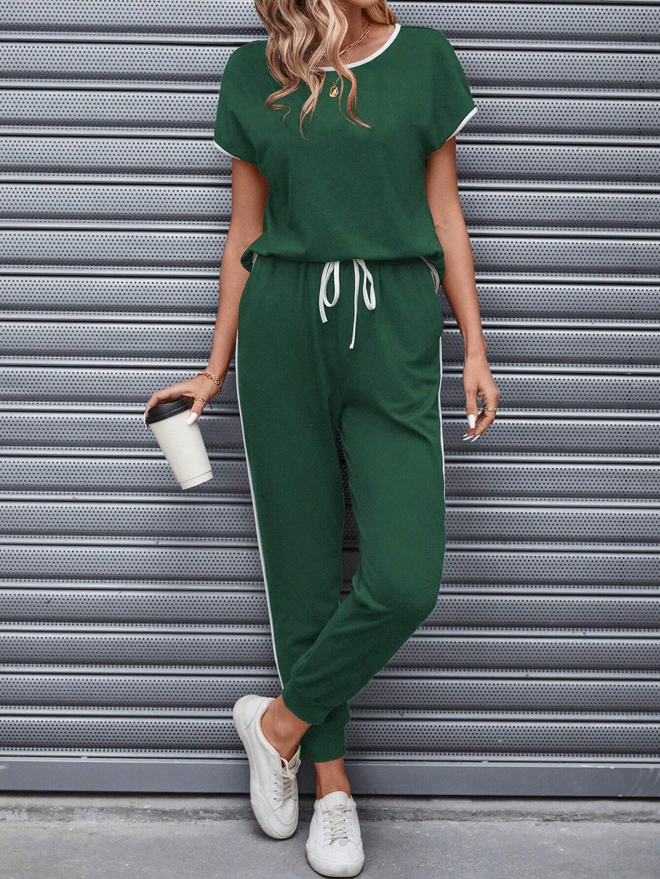 Solid color with Tape summer Tracksuit_ Green