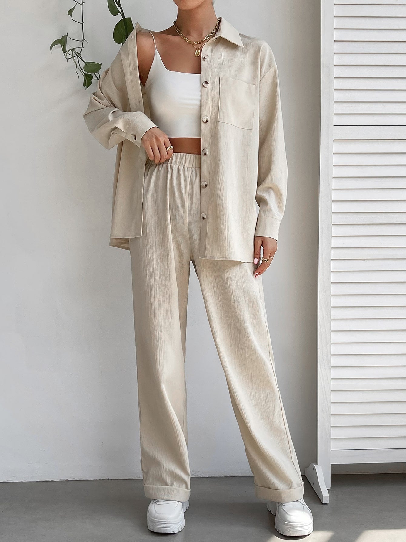 Solid Button Front  Blouse & Pant _ Off White