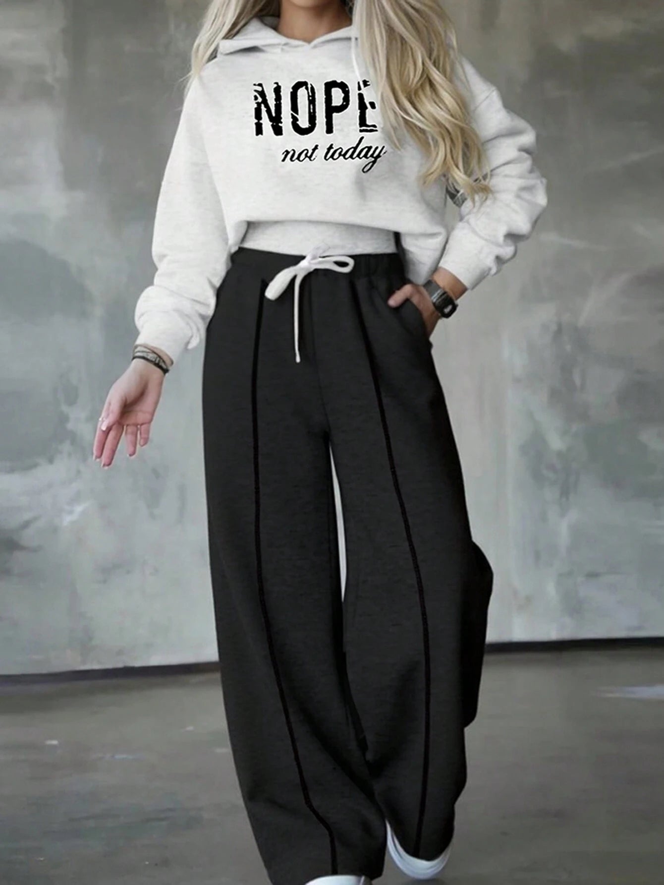 Nope Hoddie & Flare Leg Pants-Black&White