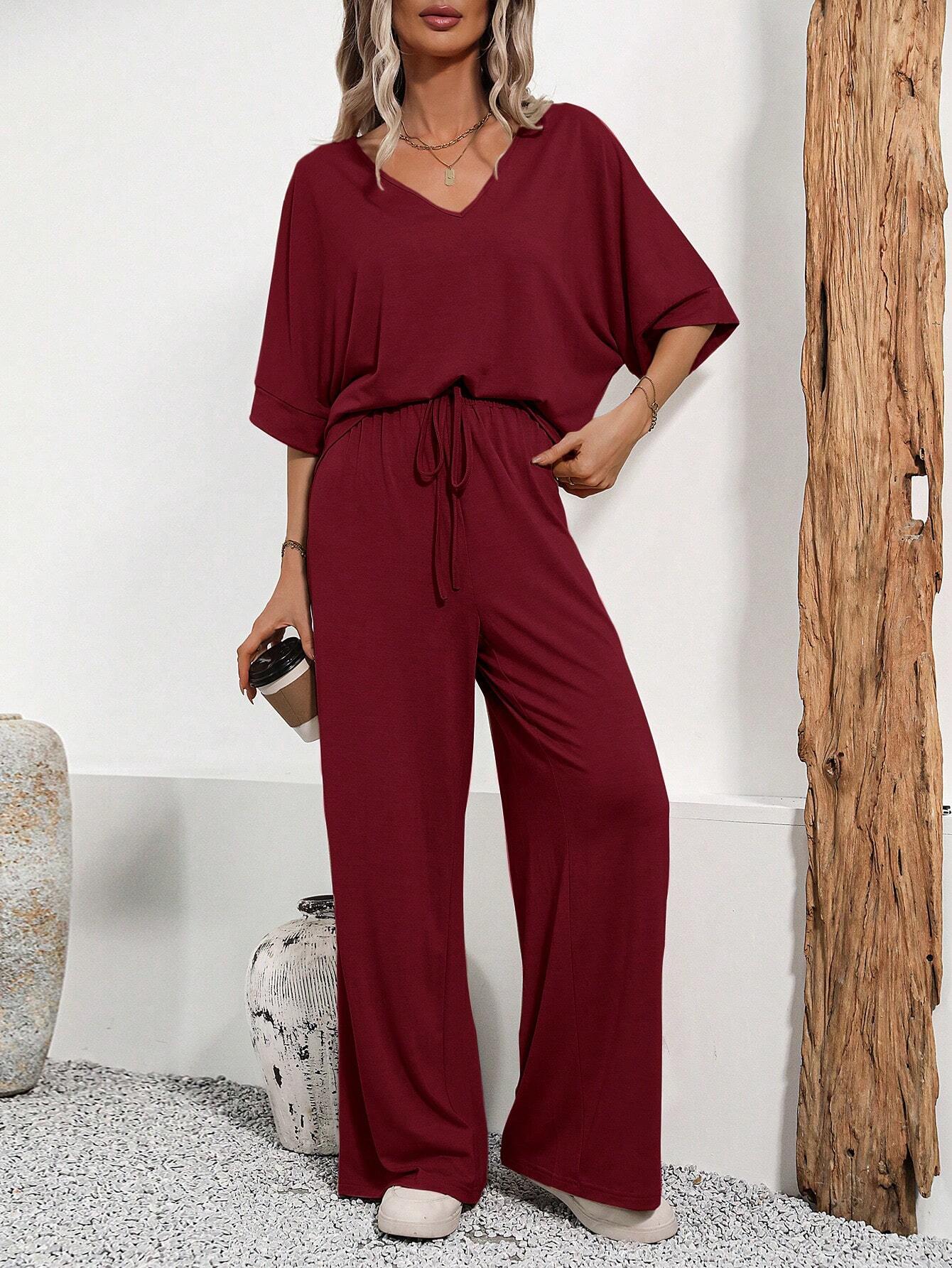 V neck Solid color summer Tracksuit_ Red