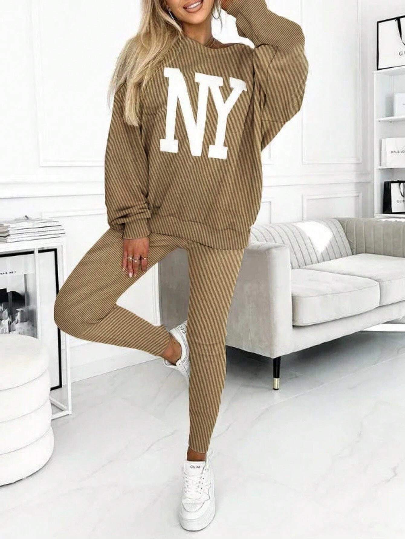 NY Off Shoulder Hoddie & Fitted Leg Pants-Camel Brown