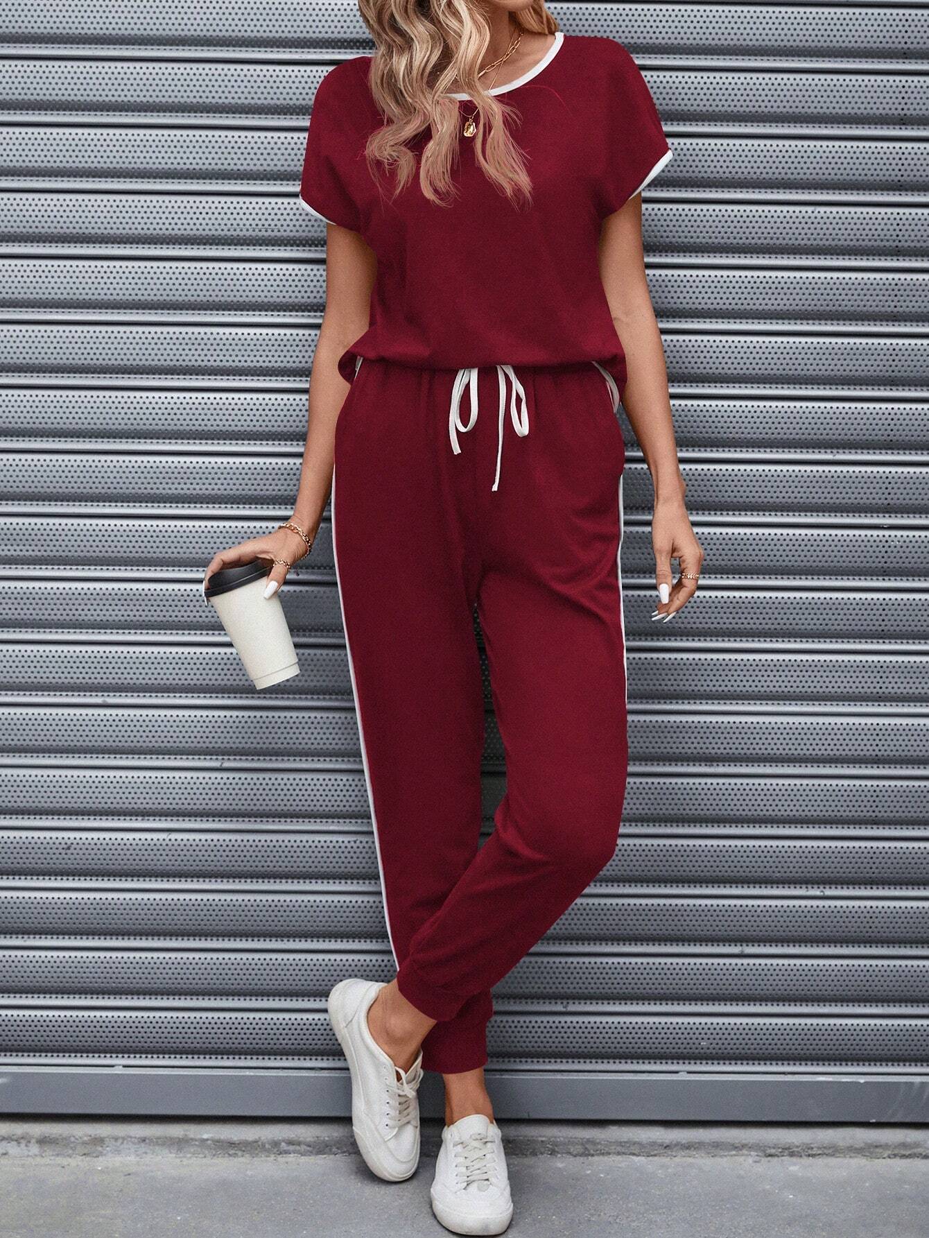 Solid color with Tape summer Tracksuit_ Red