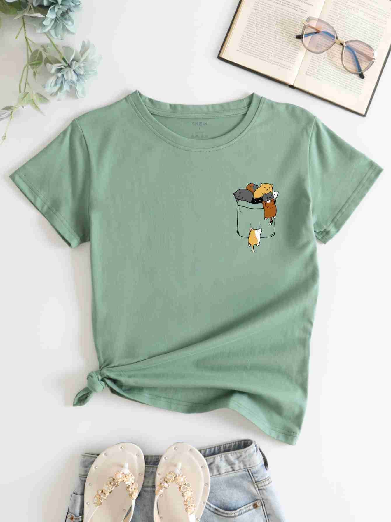 Cats In Pocket T Shirt – Green