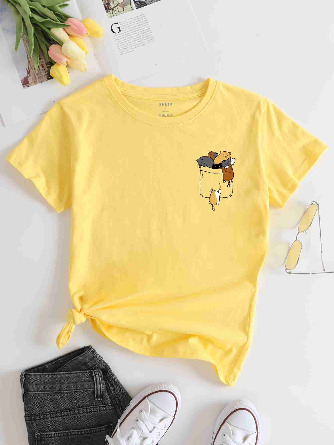 Cats In Pocket T Shirt – Yellow