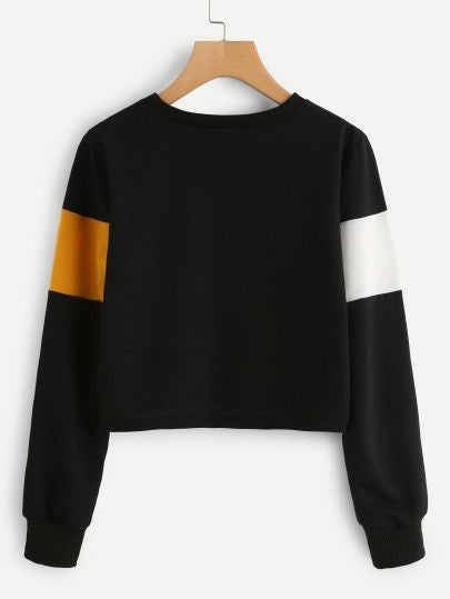 Color Block Short Body Sweatshirt _Black Mustard