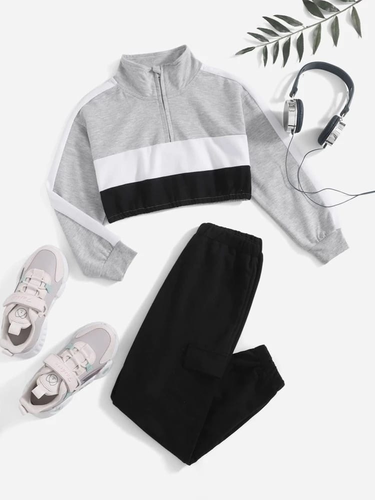 Colorblock Sweatshirt & Sweatpants Tracksuit-Grey-Black