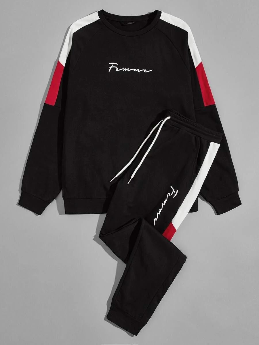 Contrast Sideseam Letter Pullover And Joggers Set-Black