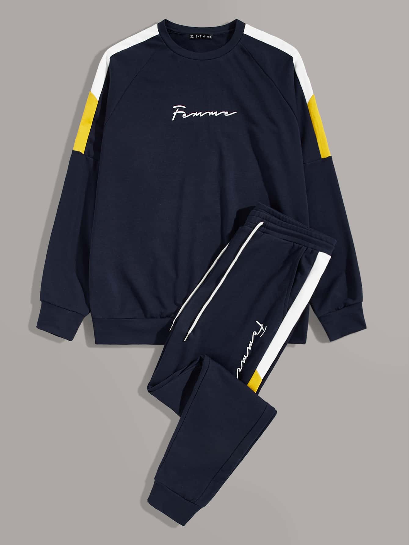 Contrast Sideseam Letter Pullover And Joggers Set-Navy Blue