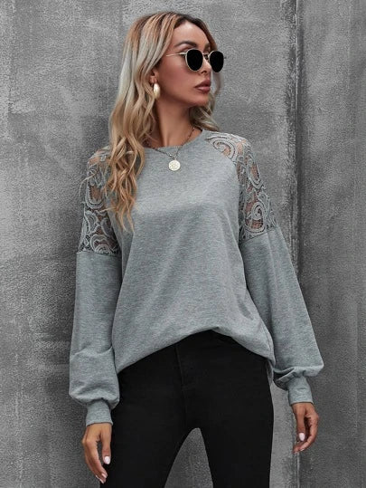 Lace Sleeves Top _ Grey