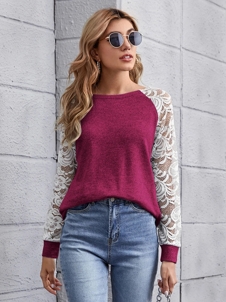 Lace Sleeves Top _ Maroon White