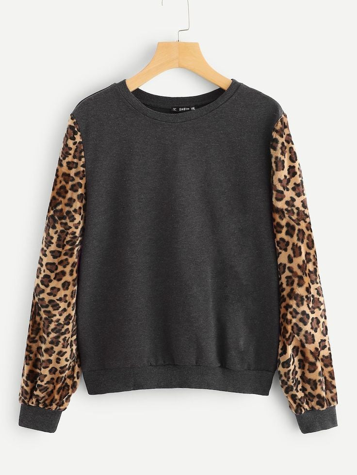 Leopard Sleeves Sweatshirt _ Mouse Grey