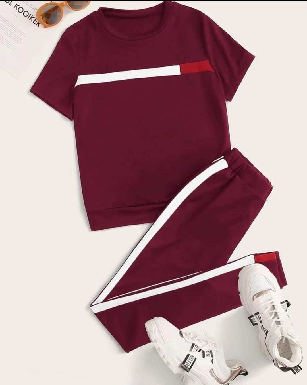 Maroon With White & Red Strap Tracksuit