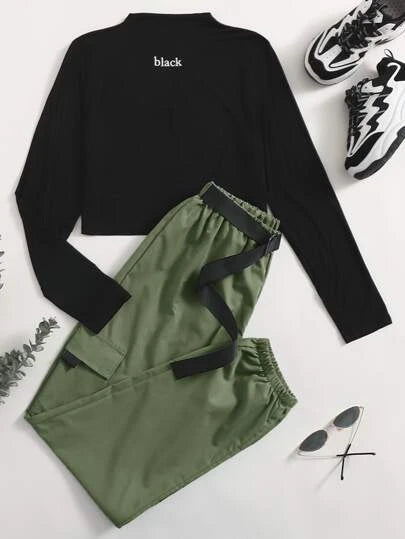 Mock Neck Letter Graphic Tee & Belted Cargo Pants-Black-Camo Green