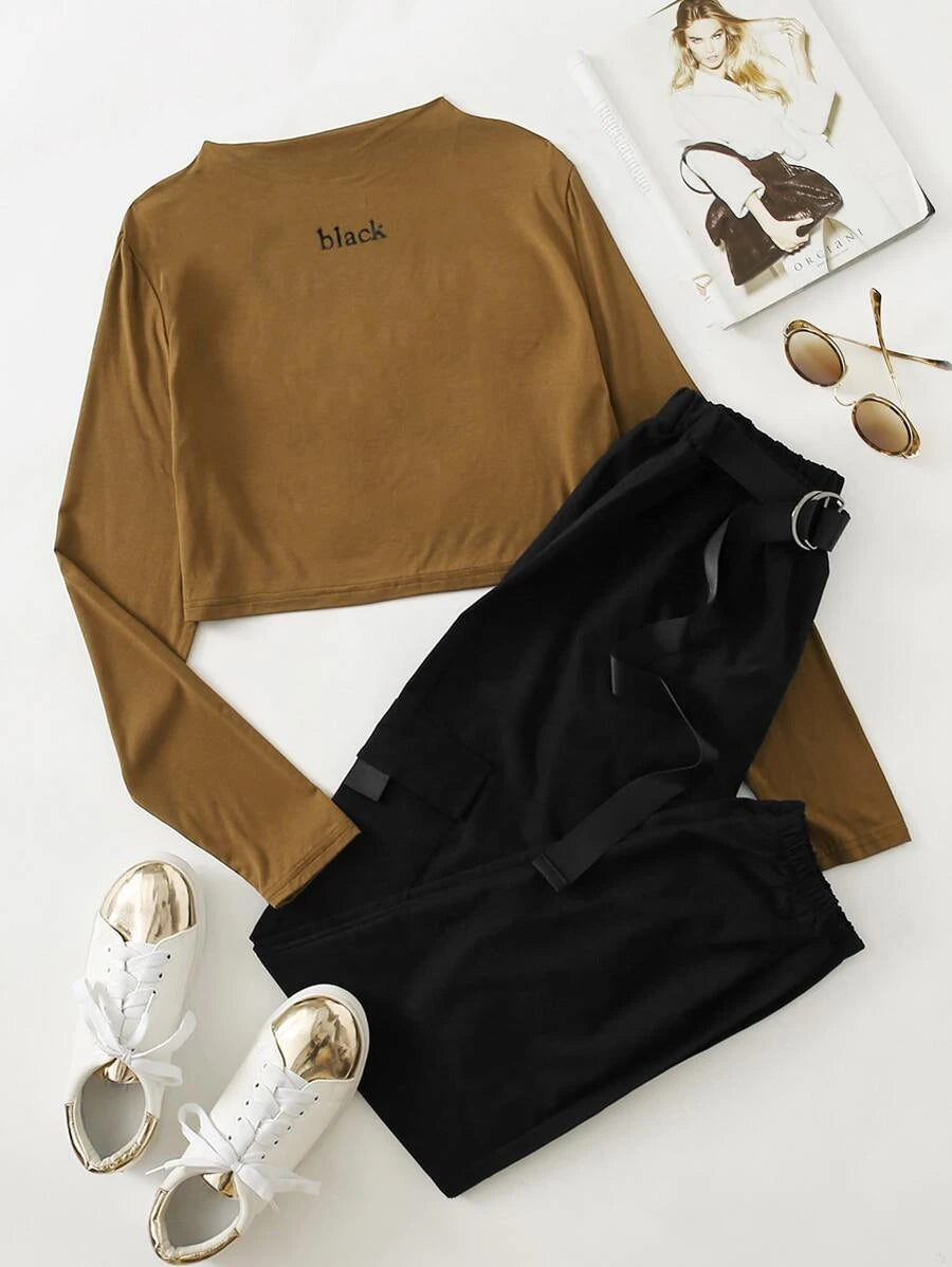 Mock Neck Letter Graphic Tee & Belted Cargo Pants-Khaki-Black