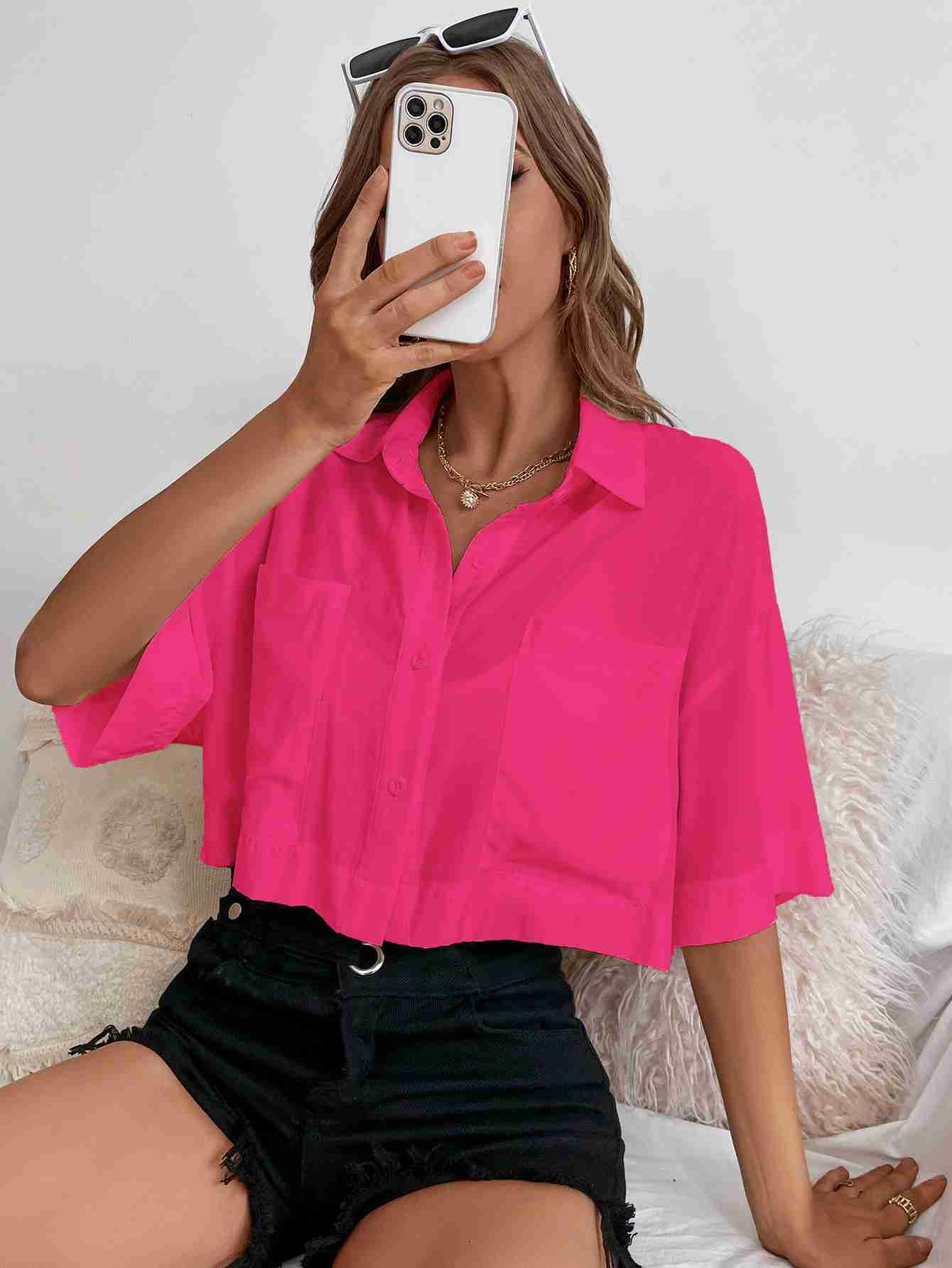 Short Body Hem Sleeves Button Up Shirt_Hot Pink