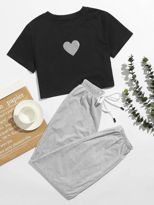 Heart Top And Sweatpants – Black And Gray